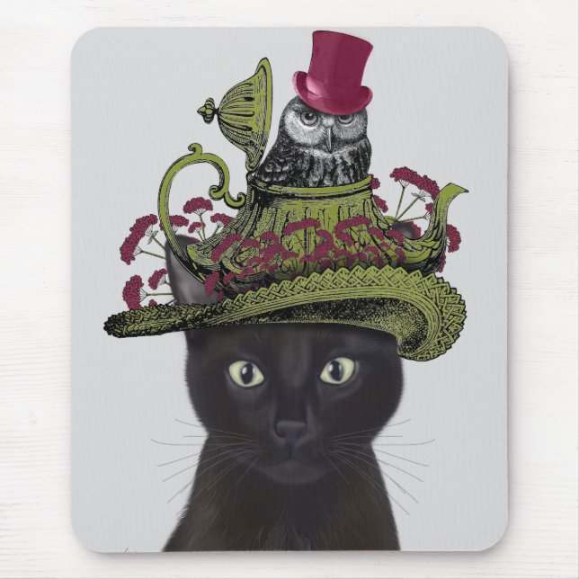 Black Cat with Teapot and Owl Mouse Mat (Front)