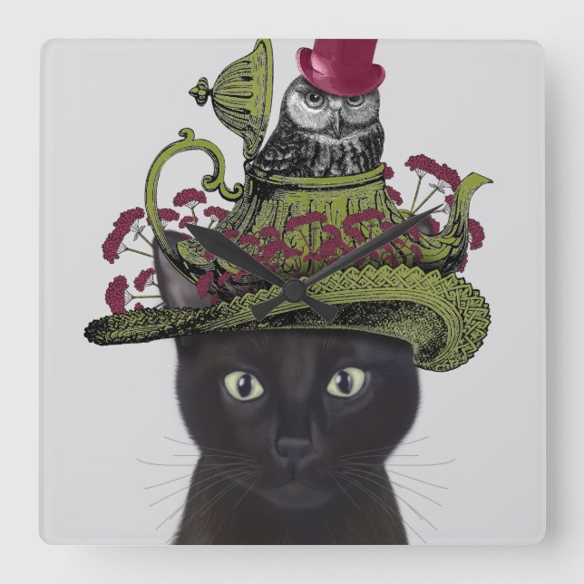 Black Cat with Teapot and Owl Square Wall Clock (Front)