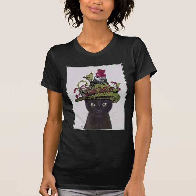 Black Cat with Teapot and Owl T-Shirt (Front)