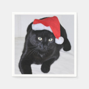 Black Cat with the Red Santa Hat Napkin