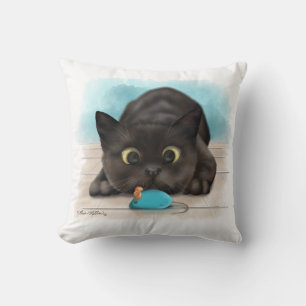 Black Cat with Toy Mouse Cartoon Cushion