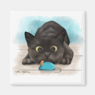 Black Cat with Toy Mouse Cartoon Magnet