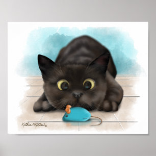 Black Cat with Toy Mouse Cartoon Poster