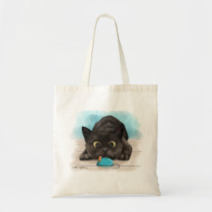 Black Cat with Toy Mouse Cartoon Tote Bag