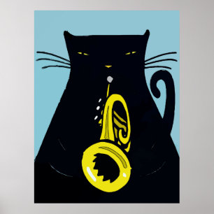 Black Cat with Trumpet Poster