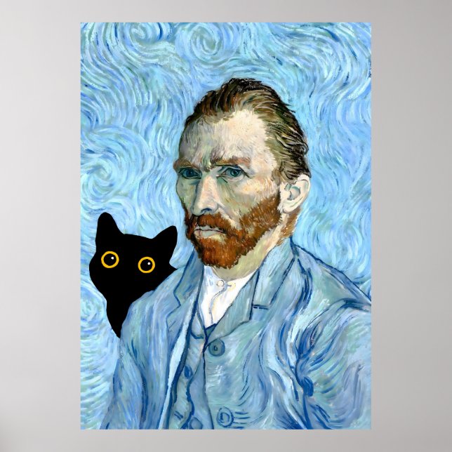 Black Cat with Van Gogh Portrait Poster (Front)