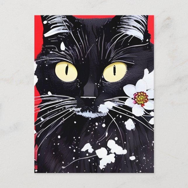 Black Cat With White Flowers Red Background Postcard (Front)