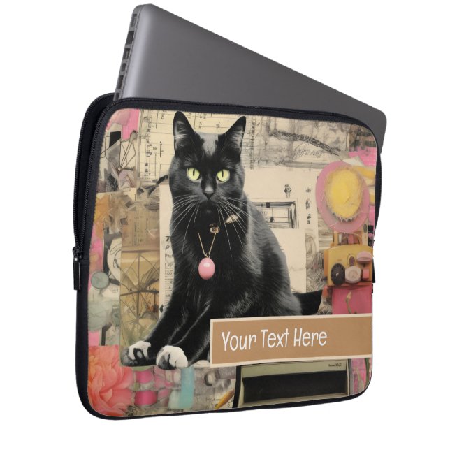 Black cat with white paws collage laptop sleeve (Front Right)