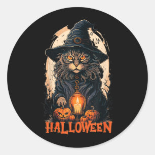 Black Cat With Witch Hat Candle And Scary Pumpkin Classic Round Sticker