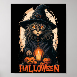 Black Cat With Witch Hat Candle And Scary Pumpkin Poster