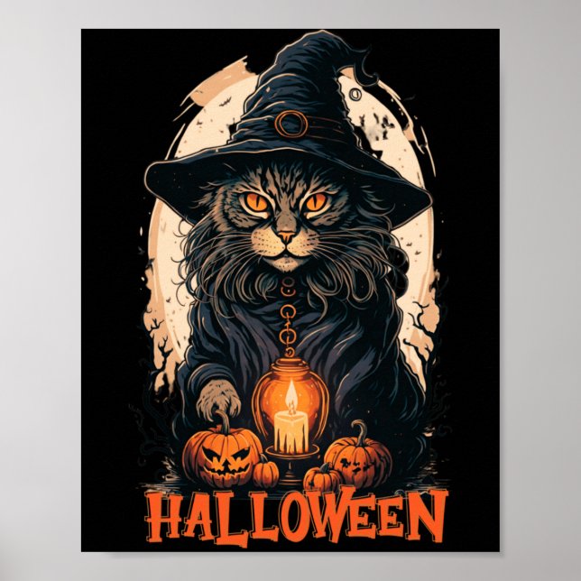 Black Cat With Witch Hat Candle And Scary Pumpkin Poster (Front)