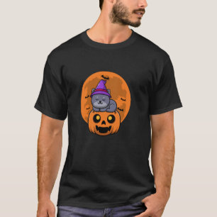 Black Cat with Witch Hat Candle and Scary Pumpkin T-Shirt