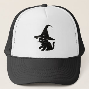 Black Cat with Witch Hat Design on Trucker Hat