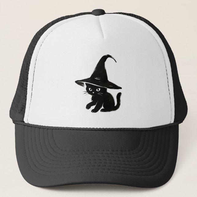 Black Cat with Witch Hat Design on Trucker Hat (Front)