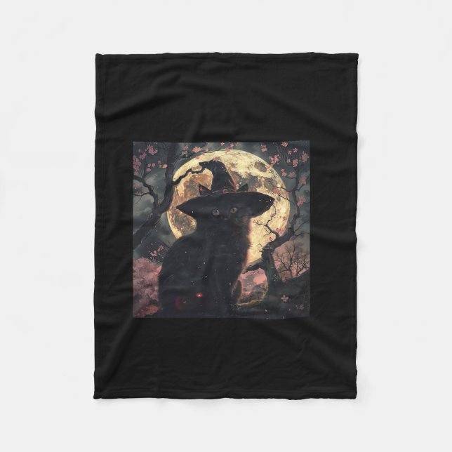 Black Cat with Witch Hat Halloween  Fleece Blanket (Front)
