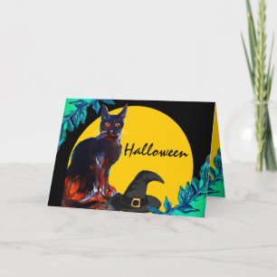 BLACK CAT WITH WITCH HAT, HALLOWEEN PARTY CARD