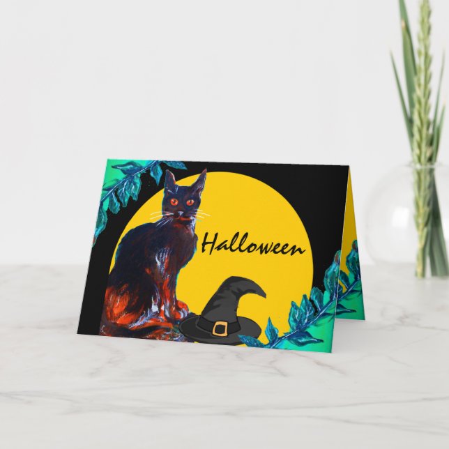 BLACK CAT WITH WITCH HAT, HALLOWEEN PARTY CARD (Front)