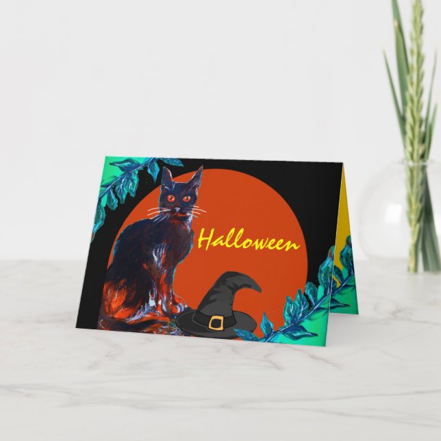 BLACK CAT WITH WITCH HAT HALLOWEEN PARTY CARD (Front)