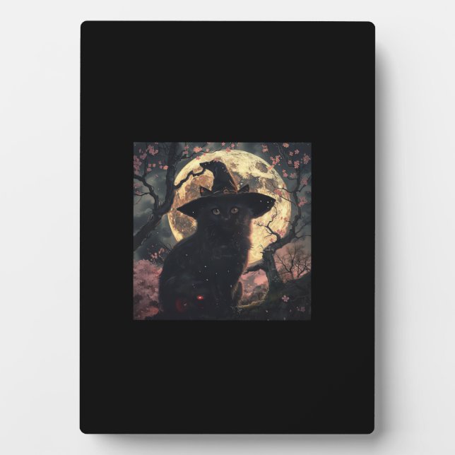 Black Cat with Witch Hat Halloween  Plaque (Front)