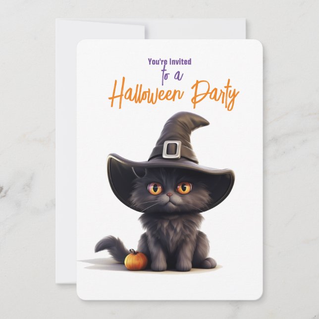 BLACK CAT with WITCHES HAT Halloween Party  Invitation (Front)