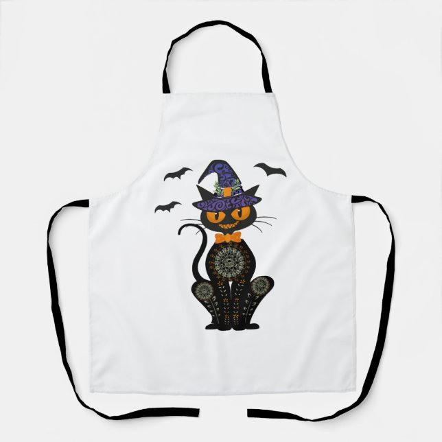 Black Cat With With Jack O Lantern Halloween Shirt Apron (Front)