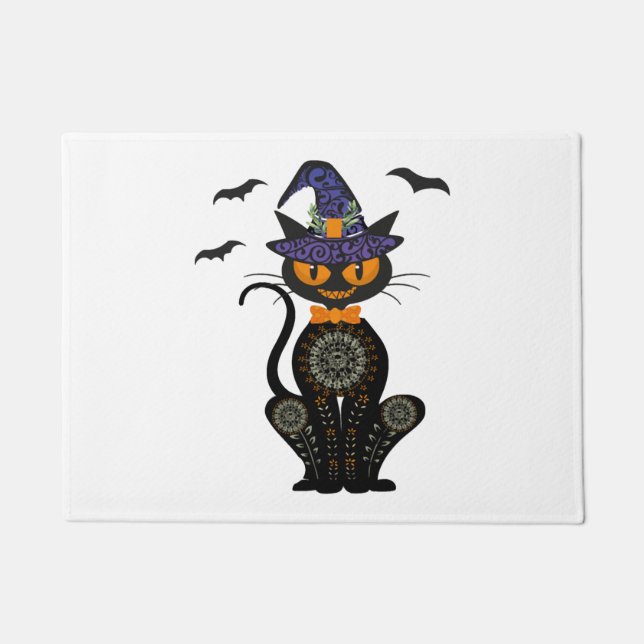 Black Cat With With Jack O Lantern Halloween Shirt Doormat (Front)