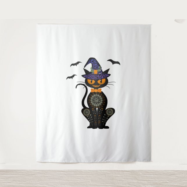 Black Cat With With Jack O Lantern Halloween Shirt Tapestry (Front)