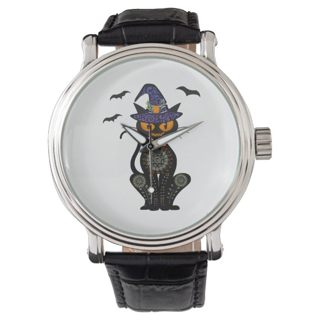 Black Cat With With Jack O Lantern Halloween Shirt Watch (Front)