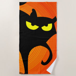 Black Cat with Yellow Eyes Beach Towel