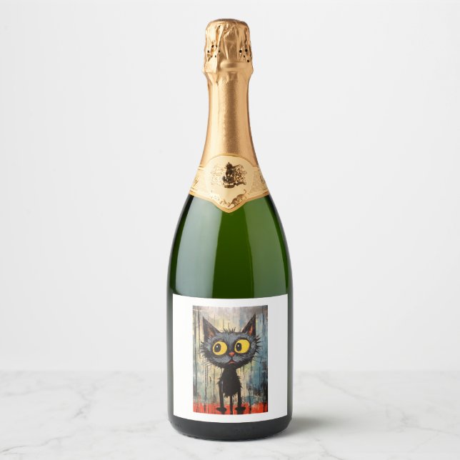 Black Cat With Yellow Eyes   Sparkling Wine Label (Front)