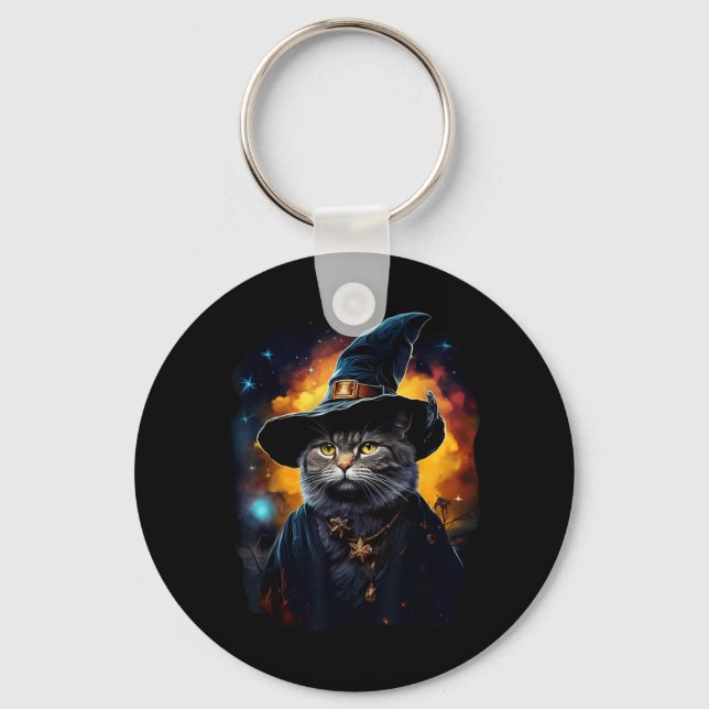 Black Cat Wizard Halloween Witch Mystical Black Key Ring (Front)