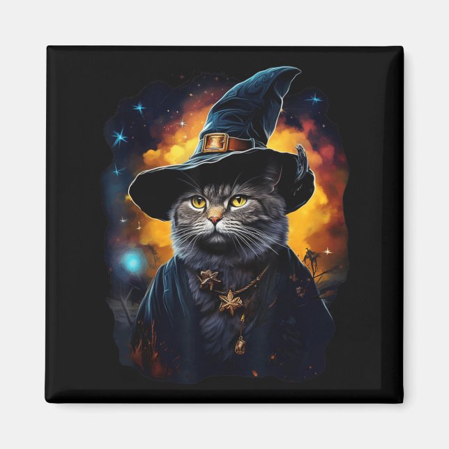 Black Cat Wizard Halloween Witch Mystical Black Magnet (Front)