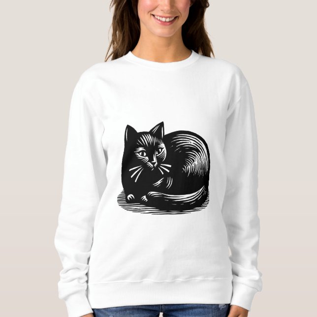  Black Cat Woodcut Style Sweatshirt (Front)