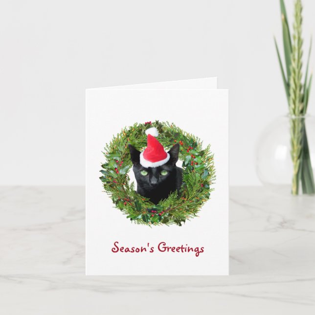 Black Cat Wreath Christmas Card (Front)