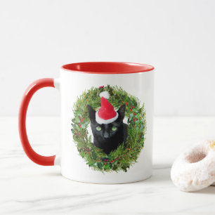 Black Cat Wreath Christmas Mug