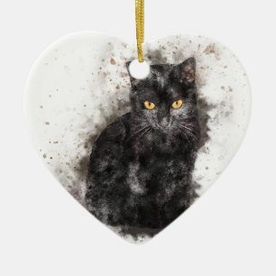 Black Cat Yellow Eyes Ceramic Tree Decoration