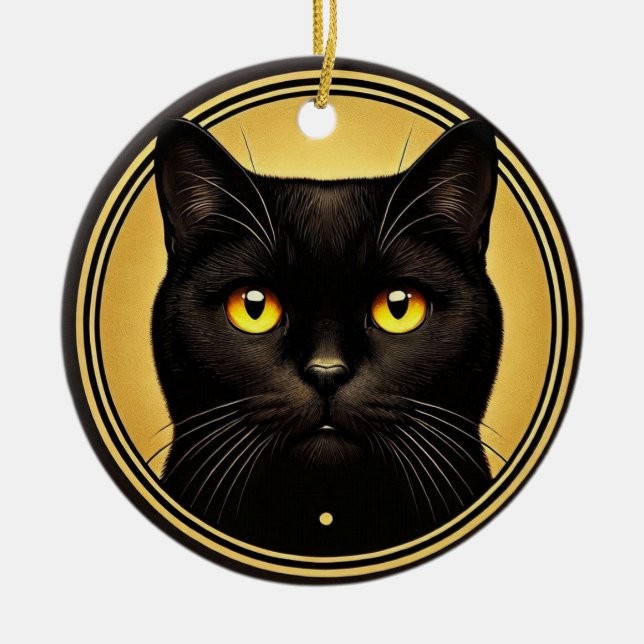 Black Cat Yellow Eyes Ornament (Front)
