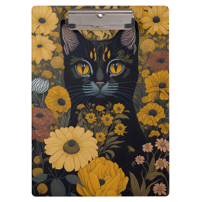 Black Cat Yellow Eyes Vintage Flowers #2 Clipboard (Front)