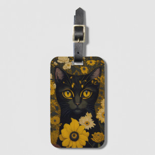 Black Cat Yellow Eyes Vintage Flowers #2 Luggage Tag