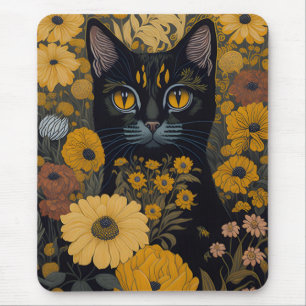 Black Cat Yellow Eyes Vintage Flowers #2 Mouse Mat