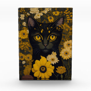 Black Cat Yellow Eyes Vintage Flowers #2 Photo Block