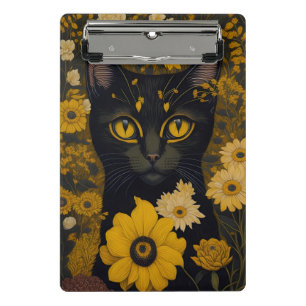 Black Cat Yellow Eyes Vintage Flowers Mini Clipboard