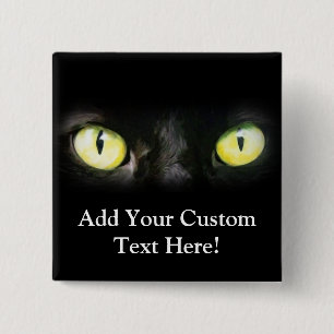 Black Cat, Yellow Green Eyes, Sleek and Spooky 15 Cm Square Badge