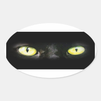 Black Cat, Yellow Green Eyes, Sleek and Spooky Oval Sticker