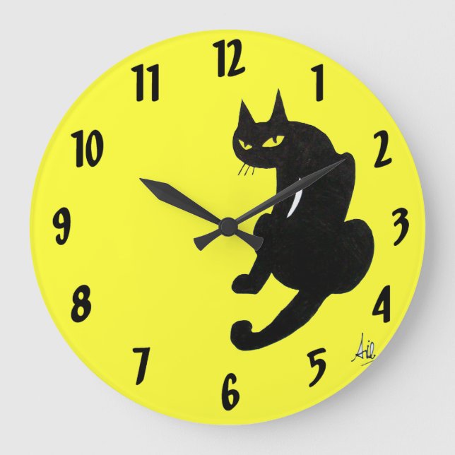 BLACK CAT yellow Large Clock (Front)