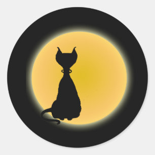 Black Cat & Yellow Moon Halloween Art Classic Round Sticker