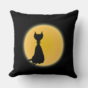 Black Cat & Yellow Moon Halloween Art Cushion