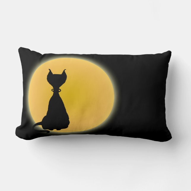 Black Cat & Yellow Moon Halloween Art Lumbar Cushion (Front)