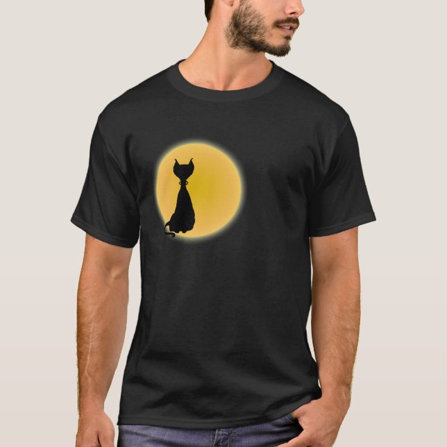 Black Cat & Yellow Moon Halloween Art T-Shirt (Front)
