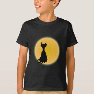 Black Cat & Yellow Moon Halloween Art T-Shirt